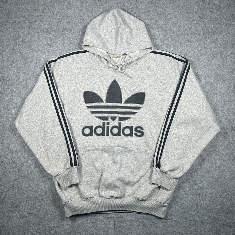 Vintage‎ 70s Adidas Pullover Hoodie Men's Size Large Grey Tre Foil Big Graphic